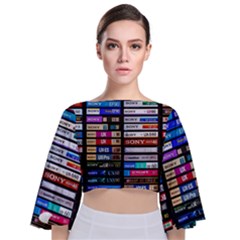 Vintage Cassette Music Old Record Retro Tape Tie Back Butterfly Sleeve Chiffon Top by Cendanart