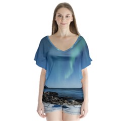 Aurora Borealis Lofoten Norway V-neck Flutter Sleeve Top by Ket1n9