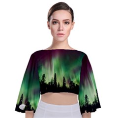 Aurora Borealis Northern Lights Tie Back Butterfly Sleeve Chiffon Top by Ket1n9