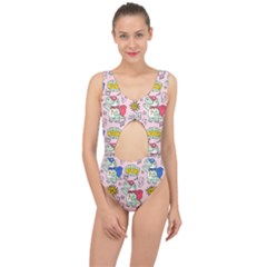 Seamless Pattern With Many Funny Cute Superhero Dinosaurs T-rex Mask Cloak With Comics Style Inscrip Center Cut Out Swimsuit by Ket1n9