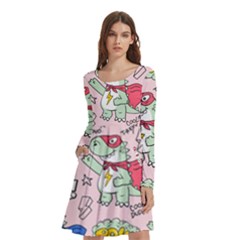 Seamless Pattern With Many Funny Cute Superhero Dinosaurs T-rex Mask Cloak With Comics Style Inscrip Long Sleeve Knee Length Skater Dress With Pockets by Ket1n9