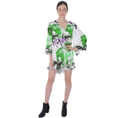 Horse Horses Animal World Green V-neck Flare Sleeve Mini Dress by Ket1n9