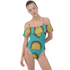 Taco Drawing Background Mexican Fast Food Pattern Frill Detail One Piece Swimsuit by Ket1n9