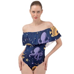 Marine Seamless Pattern Thin Line Memphis Style Off Shoulder Velour Bodysuit  by Ket1n9