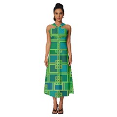 Green Abstract Geometric Sleeveless Cross Front Cocktail Midi Chiffon Dress by Ket1n9