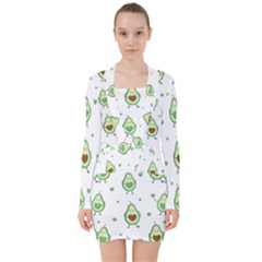 Cute Seamless Pattern With Avocado Lovers V-neck Bodycon Long Sleeve Dress by Ket1n9