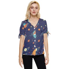 Space Galaxy Planet Universe Stars Night Fantasy Bow Sleeve Button Up Top by Ket1n9