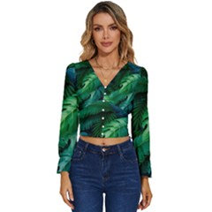 Tropical Green Leaves Background Long Sleeve V-neck Top by Hannah976