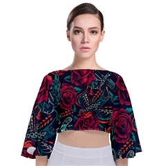 Vintage Flash Tattoos Designs Seamless Pattern Tie Back Butterfly Sleeve Chiffon Top by Hannah976