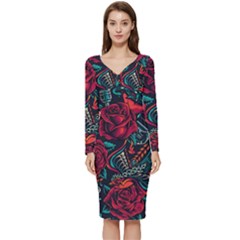 Vintage Flash Tattoos Designs Seamless Pattern Long Sleeve V-neck Bodycon Dress  by Hannah976