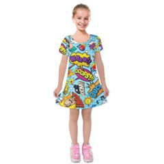 Comic Elements Colorful Seamless Pattern Kids  Short Sleeve Velvet Dress by Hannah976