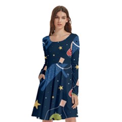 Seamless Pattern With Funny Alien Cat Galaxy Long Sleeve Knee Length Skater Dress With Pockets by Ndabl3x