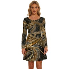 Fantasy Dragon Pentagram Long Sleeve Wide Neck Velvet Dress by Maspions