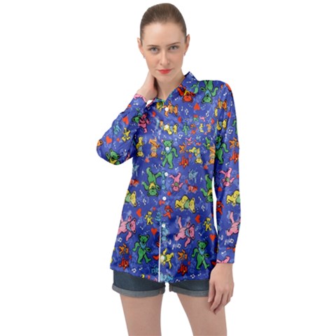 Grateful Dead Bears Pattern Long Sleeve Satin Shirt by Cendanart
