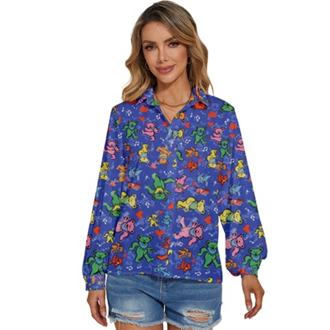 Grateful Dead Bears Pattern Women s Long Sleeve Button Up Shirt by Cendanart