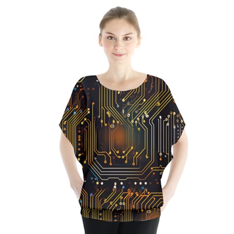 Circuits Circuit Board Orange Technology Batwing Chiffon Blouse by Ndabl3x