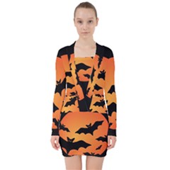 Halloween Bats Moon Full Moon V-neck Bodycon Long Sleeve Dress by Cendanart