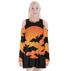 Halloween Bats Moon Full Moon Velvet Long Sleeve Shoulder Cutout Dress by Cendanart