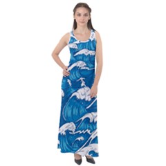 Storm Waves Seamless Pattern Raging Ocean Water Sea Wave Vintage Japanese Storms Print Illustration Sleeveless Velour Maxi Dress by Ket1n9