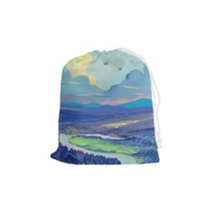 Mountains And Trees Illustration Painting Clouds Sky Landscape Drawstring Pouch (medium) by Cendanart