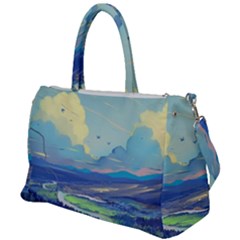 Mountains And Trees Illustration Painting Clouds Sky Landscape Duffel Travel Bag by Cendanart
