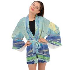 Mountains And Trees Illustration Painting Clouds Sky Landscape Long Sleeve Kimono by Cendanart