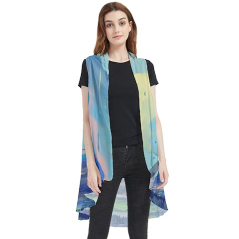 Mountains And Trees Illustration Painting Clouds Sky Landscape Sleeveless Chiffon Waistcoat Shirt by Cendanart