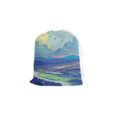 Mountains And Trees Illustration Painting Clouds Sky Landscape Drawstring Pouch (small) by Cendanart