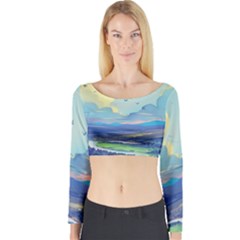 Mountains And Trees Illustration Painting Clouds Sky Landscape Long Sleeve Crop Top by Cendanart