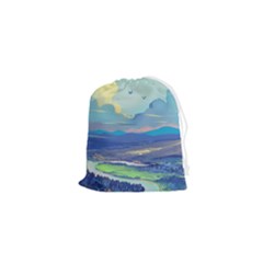 Mountains And Trees Illustration Painting Clouds Sky Landscape Drawstring Pouch (xs) by Cendanart