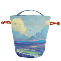 Mountains And Trees Illustration Painting Clouds Sky Landscape Drawstring Bucket Bag by Cendanart