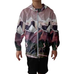 White And Brown Mountain Illustration Digital Art Kids  Hooded Windbreaker by Cendanart