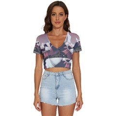 White And Brown Mountain Illustration Digital Art V-neck Crop Top by Cendanart