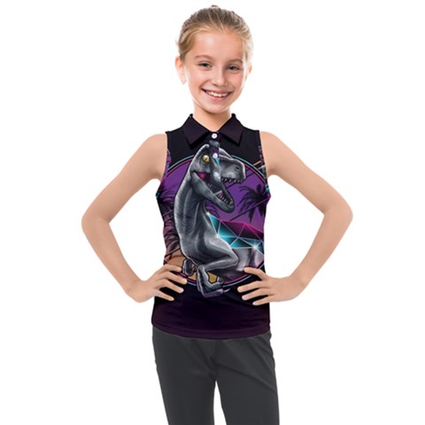 Style Dinosaur  80s Synth Retrowave Kids  Sleeveless Polo T-shirt by Cendanart