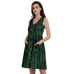 Green Matrix Code Illustration Digital Art Portrait Display Sleeveless Dress With Pocket by Cendanart