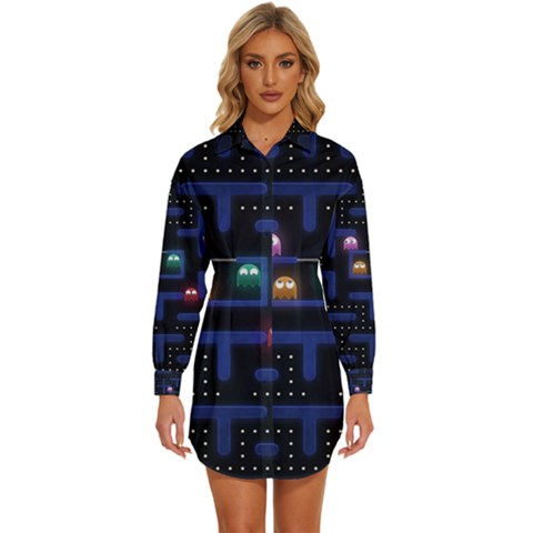 Retro Games Womens Long Sleeve Shirt Dress by Cendanart