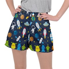 Big Set Cute Astronauts Space Planets Stars Aliens Rockets Ufo Constellations Satellite Moon Rover V Women s Ripstop Shorts by Bedest