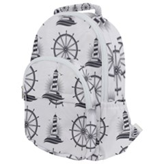Marine Nautical Seamless Pattern With Vintage Lighthouse Wheel Rounded Multi Pocket Backpack by Bedest