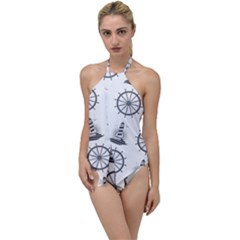 Marine Nautical Seamless Pattern With Vintage Lighthouse Wheel Go With The Flow One Piece Swimsuit by Bedest