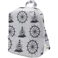 Marine Nautical Seamless Pattern With Vintage Lighthouse Wheel Zip Up Backpack by Bedest