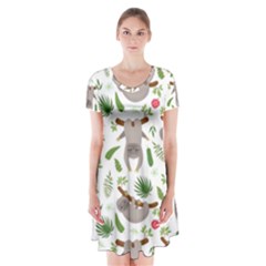 Seamless Pattern With Cute Sloths Short Sleeve V-neck Flare Dress by Bedest