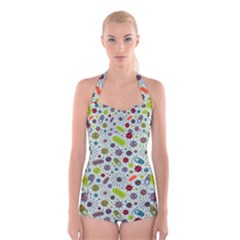 Seamless Pattern With Viruses Boyleg Halter Swimsuit  by Bedest