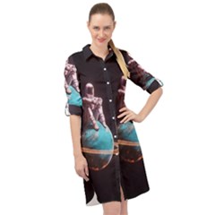 Stuck On Saturn Astronaut Planet Space Long Sleeve Mini Shirt Dress by Cendanart