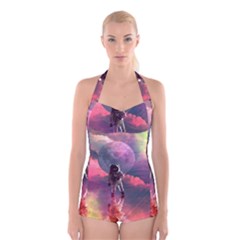 Aesthetic Astronautics Atmosphere Blue Clouds Cosmos Fantasy Galaxy Boyleg Halter Swimsuit  by Cendanart