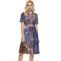 Castle Building Stained Glass Button Top Knee Length Dress by Cendanart