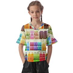 Supermarket Shelf Products Snacks Kids  V-neck Horn Sleeve Blouse by Cendanart