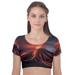 Volcanic Eruption Velvet Short Sleeve Crop Top  by Proyonanggan