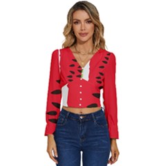 Watermelon Black Green Melon Red Long Sleeve V-neck Top by Cemarart