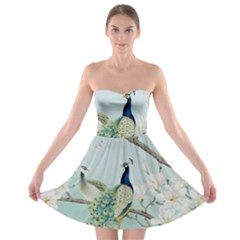 Couple Peacock Bird Spring White Blue Art Magnolia Fantasy Flower Strapless Bra Top Dress by Ndabl3x