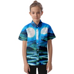 Bright Full Moon Painting Landscapes Scenery Nature Kids  Short Sleeve Shirt by Ndabl3x